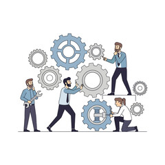 Teamwork and collaboration: people working together assembling gears