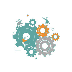 Teamwork and Collaboration: People working together on gears, illustrating synergy and shared goals.