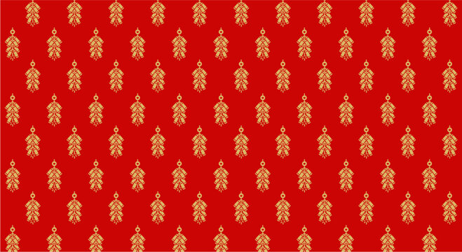Repeating Pattern of Gold Ornaments on Red Background.