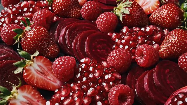 Vibrant Assortment of Fresh Red Fruits and Vegetables Including Strawberries Raspberries Pomegranate Seeds and Sliced Beetroot Artfully Arranged on a Dark Textured Surface with Natural Lighting