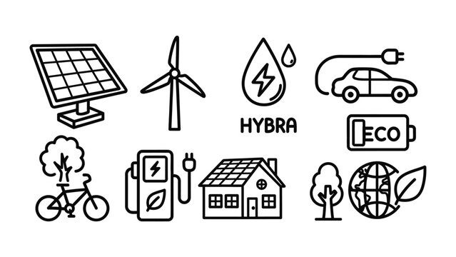 Eco-Friendly Icons: A collection of meticulously crafted icons illustrating the core tenets of eco-consciousness and sustainable living, including solar panels, wind turbines, electric vehicle.
