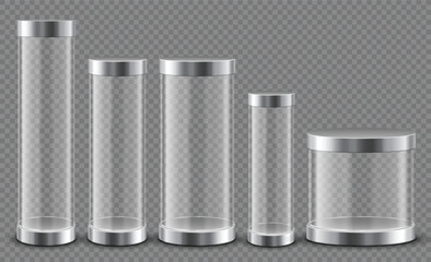 Podium with glass cylinder transparent tube 3D capsule showcase, realistic clear display stand. Luxury platform for retail or exhibit vector isolated template