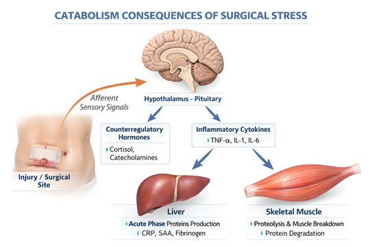 Photorealistic 3D medical infographic: Catabolism Consequences of Surgical Stress: clean diagram showing an injury/surgical site sending afferent sensory signals to hypothalamus&ndash;pituitary brain region