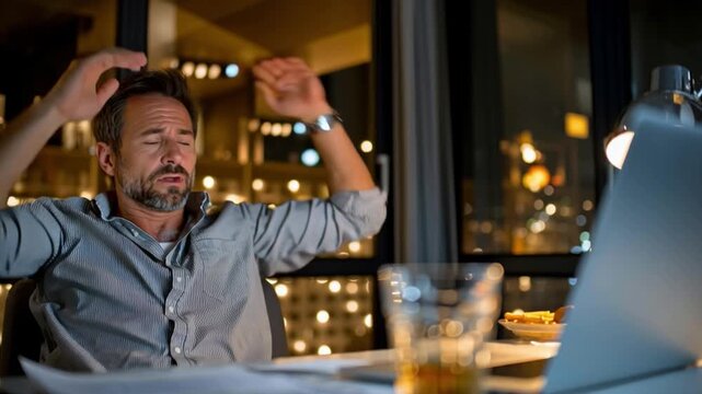 Burnout Moment at Work: A stressed professional, slumped over his desk at late night, grappling with the weight of workload, expressing signs of pressure 