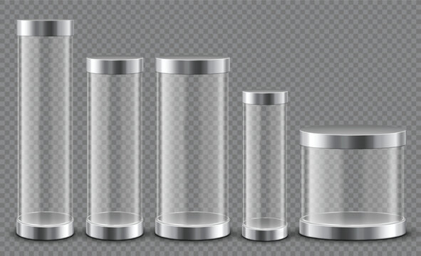 Podium with glass cylinder transparent tube 3D capsule showcase, realistic clear display stand. Luxury platform for retail or exhibit vector isolated template