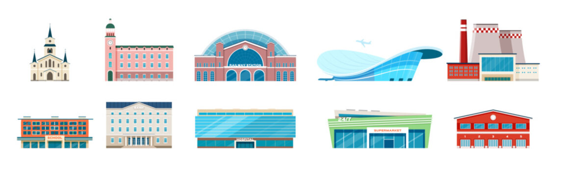 Modern urban municipal buildings, bank, hospital, town hall. Flat city building, airport school, factory, town architecture vector set. Illustration of municipal architecture police structure