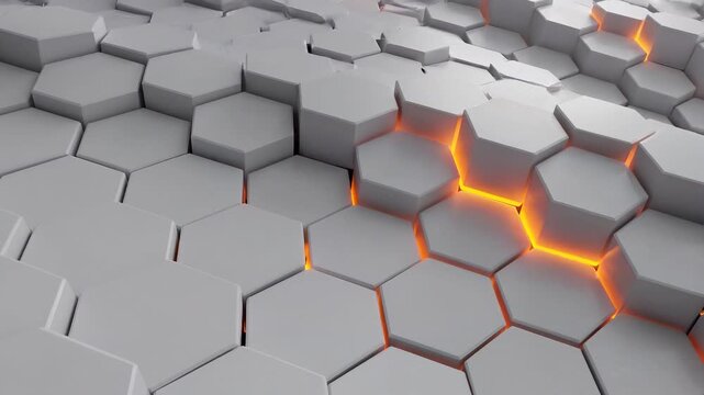 A futuristic close-up shot of a white geometric honeycomb pattern featuring extruded hexagonal cells where intense vibrant orange energy glows brightly from the fissures between the interlocking 3D sh