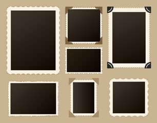Plakat Retro photo frames. Old paper picture square frame for vintage photograph album and scrapbook. Family portrait, nostalgia photography with torn borders and corners. Vector template set