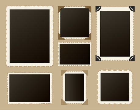 Retro photo frames. Old paper picture square frame for vintage photograph album and scrapbook. Family portrait, nostalgia photography with torn borders and corners. Vector template set