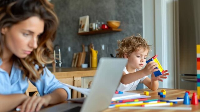 Juggling Act: A determined mother blends work and family life, typing on a laptop while her child engages in playful learning with building blocks. Capturing the essence of modern parenthood.