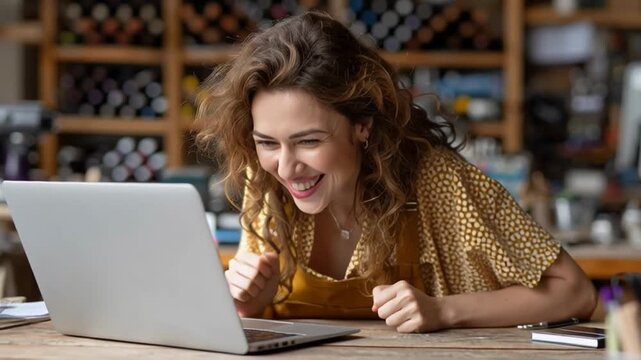 Digital Triumph: A moment of pure elation and achievement as a woman celebrates success, radiating joy in front of her laptop
