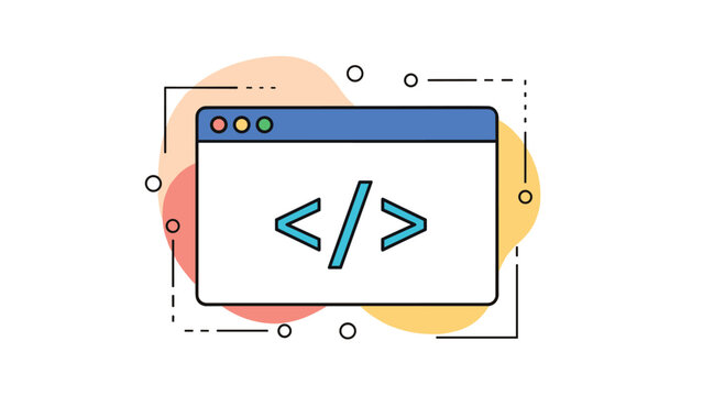 Web browser window icon with coding symbols representing software development, internet programming, and technical computer engineering.