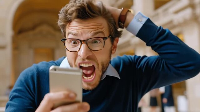 Stressful Smartphone Moment: A man, captured in a moment of digital frustration, reacts with a look of shock while looking at his smartphone.