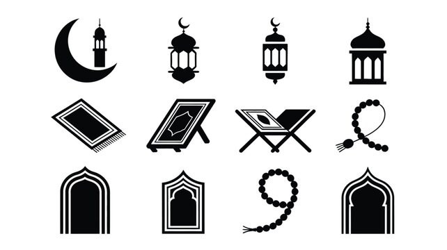 Black vector islamic icons set including crescent moon lanterns quran prayer beads and mosque architecture elements on white background for ramadan and eid celebrations