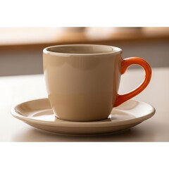 Obraz premium Close-up of a beige coffee cup with an orange handle on a matching saucer, ready for a warm beverage.