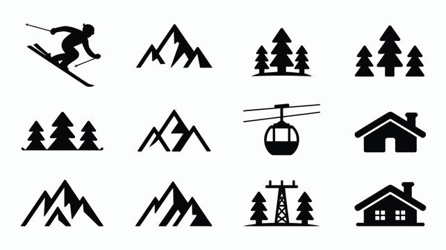 Vector illustration showcasing various ski resort icons including mountains trees skier cable car and chalets in black silhouette on white background