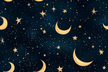Seamless Celestial Pattern with Gold Moons and Stars on Dark Night Sky Background Magical Night Sky Illustration with Sparkling Stars and Crescent Moons for Dreamy Designs