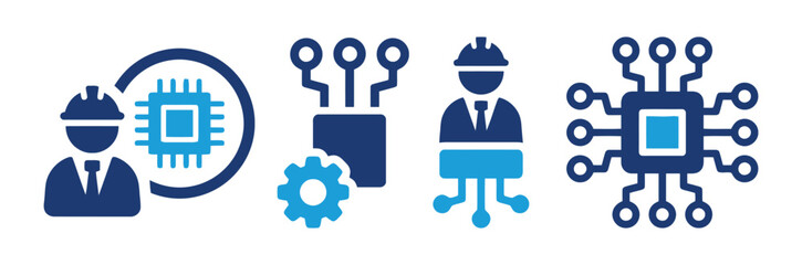 Fototapeta premium Collection of technology and engineering icons with chips and engineers