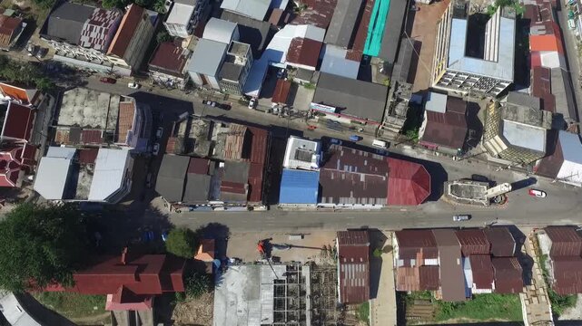 Aerial view of Nakhon Phanom city skyline along the Mekong River, Thailand.