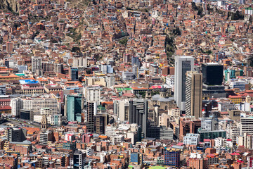 La Paz, Bolivia: Dramatic aerial view of La Paz downtown and business district around the Plaza Murillo and the cathedral in Bolivia capital city in the Andes
