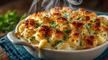 Gourmet baked mac and cheese in a white bowl features golden crispy breadcrumb topping and melted cheddar with fresh chopped cilantro garnish.