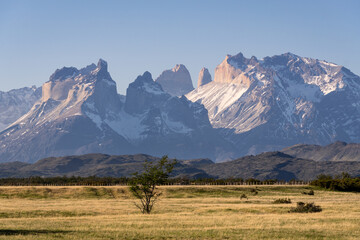 Torres del Paine, Chile: Dramatic view of the plain in front of Torres del Paine in Chile in south America on a sunny day