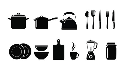 Culinary Essentials: An array of kitchenware silhouettes, representing the core elements for food preparation, offering a minimalist aesthetic for culinary and design concepts.