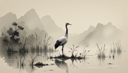 Serene Crane Among Misty Mountains