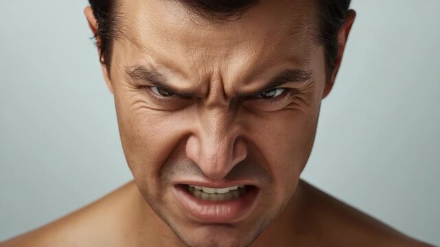 Angry young man male portrait close up frowning with clenched jaw furrowed brow expression showing