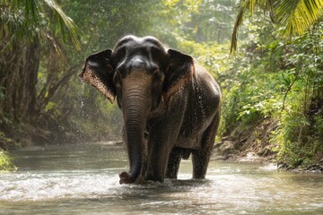 Fototapeta premium Wildlife moment: elephant bathing in a shallow river among lush greenery