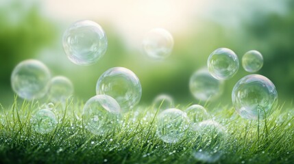 hyper realistic soap bubbles floating above green grass with morning dew, natural soft focus background, eco and freshness concept, space