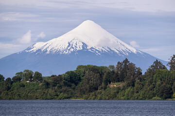 Puerto Varas, Chile: Dramatic view of Lake Llanquihue with the snow covered Osorno volcano in Puerto Varas, Los Lagos of Chile.