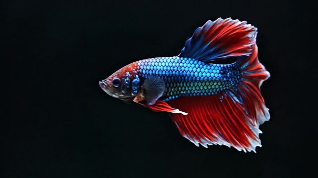 Vibrant Siamese fighting fish with flowing red and blue fins swims gracefully.