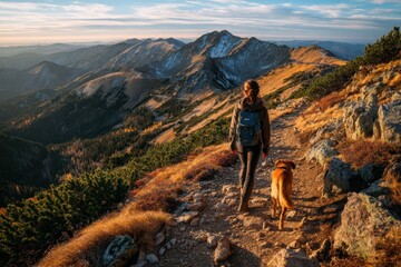 Obraz premium Young woman and her dog reach the mountain summit on a rugged hiking trail