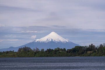 Puerto Varas, Chile: Dramatic view of Lake Llanquihue with the snow covered Osorno volcano in Puerto Varas, Los Lagos of Chile.