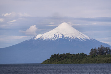 Puerto Varas, Chile: Dramatic view of Lake Llanquihue with the snow covered Osorno volcano in Puerto Varas, Los Lagos of Chile.