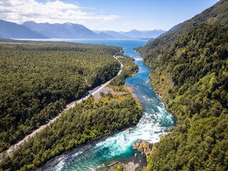 Puerto Varas, Chile: Aerial view of Petrohue lake and river, famous for its waterfalls, near Puerto Varas, Lake District of Chile