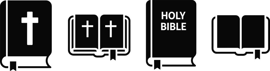 Collection of Christian holy bible icons featuring open and closed religious books with cross symbols isolated on white background for spiritual design.