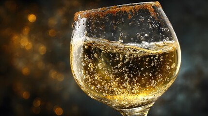 Macro shot of a white wine glass rim shows golden liquid with effervescent bubbles rising against a dark gradient background for celebration.