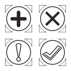 Obraz premium Four distinct icons representing addition, deletion, warning, and completion Vector
