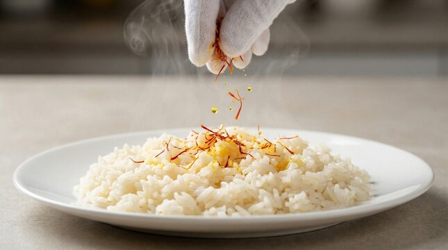 Saffron Sprinkling on White Rice Plate Macro Food Close Up Copy Space