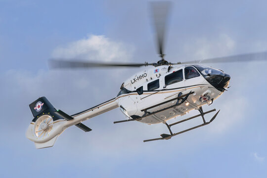 Nancy, France - December 30th 2025 : View on the medical helicopter Airbus Helicopters H145 D2 from the Luxembourg Air Rescue taking off from Nancy's hospital.