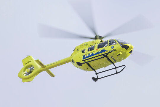 Nancy, France - October 28th 2025 : View on the medical helicopter Airbus Helicopters H145 of the Samu Ile de France taking off from Nancy's hospital.