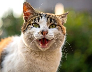Fototapeta premium A close-up of a cat with its mouth open, showcasing its teeth and tongue