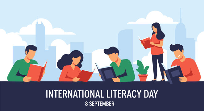 International Literacy Day (September 8) Vector. Group of diverse people reading books celebrating education, reading, and global literacy awareness.