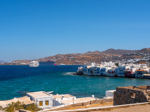 Panoramic view of Little Venice, the landmark of the island of Mykonos in Greece