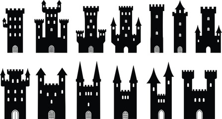 Medieval castle silhouettes set featuring fantasy fortress towers and turrets isolated on white background detailed black vector illustration collection © Mostofa