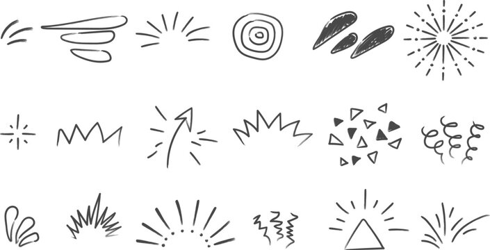 Line doodle sparkle, sun shine and sunburst rays, vector bursts and hand drawn starburst on transparent background. Doodle line explosion circles and spark elements of sunshine, sparkles, fireworks.