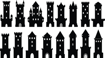Medieval castle tower silhouettes set featuring fantasy fortress buildings with turrets and windows isolated on white background vector illustration collection © Mostofa