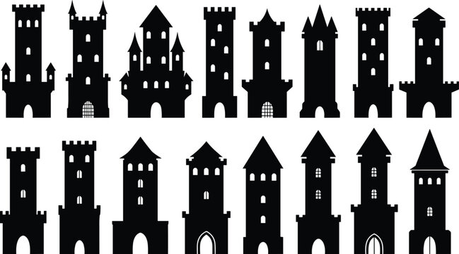Medieval castle tower silhouettes set featuring fantasy fortress buildings with turrets and windows isolated on white background vector illustration collection